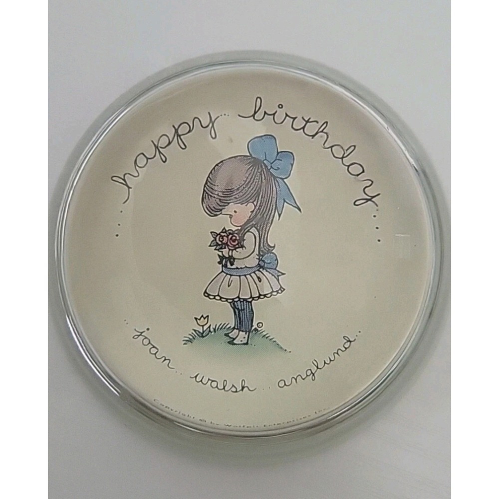 Vtg Joan Walsh Anglund Paperweight 3.25" Glass Dome Happy Birthday Girl 70s MCM